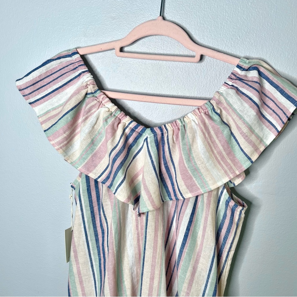 Ava James NWT Linen Blend Off The Shoulder Blouse Sz M Pastel Striped Pink Blue - Picture 5 of 10